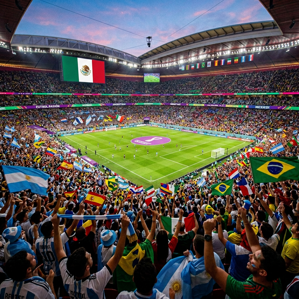 Crowd waving Argentina and Brazil flags in stadium showing 1-1 score